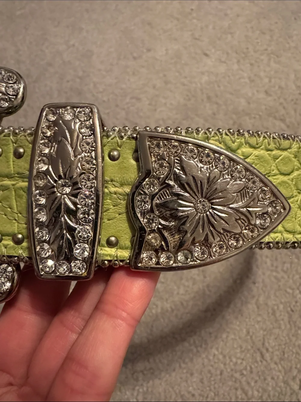Roper Lime Green Studded Western Belt with Rhinestone Buckle M